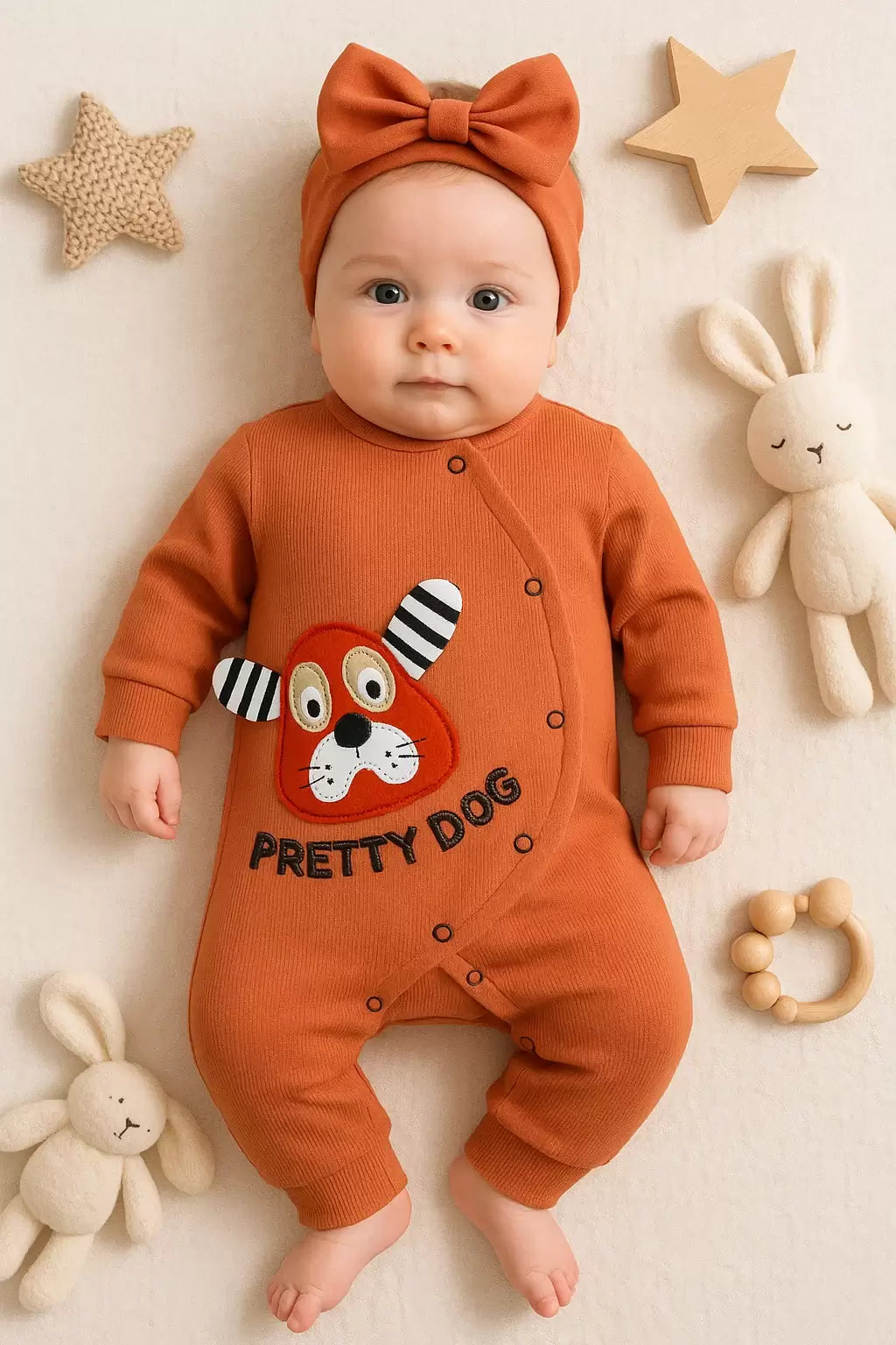PRETTY DOG NAKIŞLI BANDANALI % 100 PAMUK KIZ BEBEK TULUMU