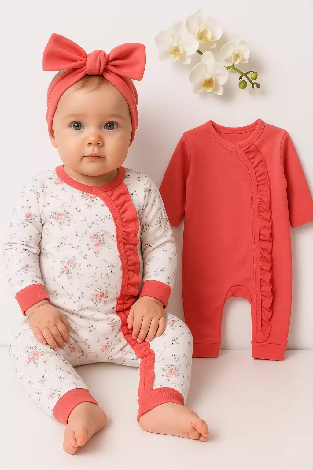 ÇİÇEK DESENLİ KIZ BEBEK 4'LÜ TULUM SETİ