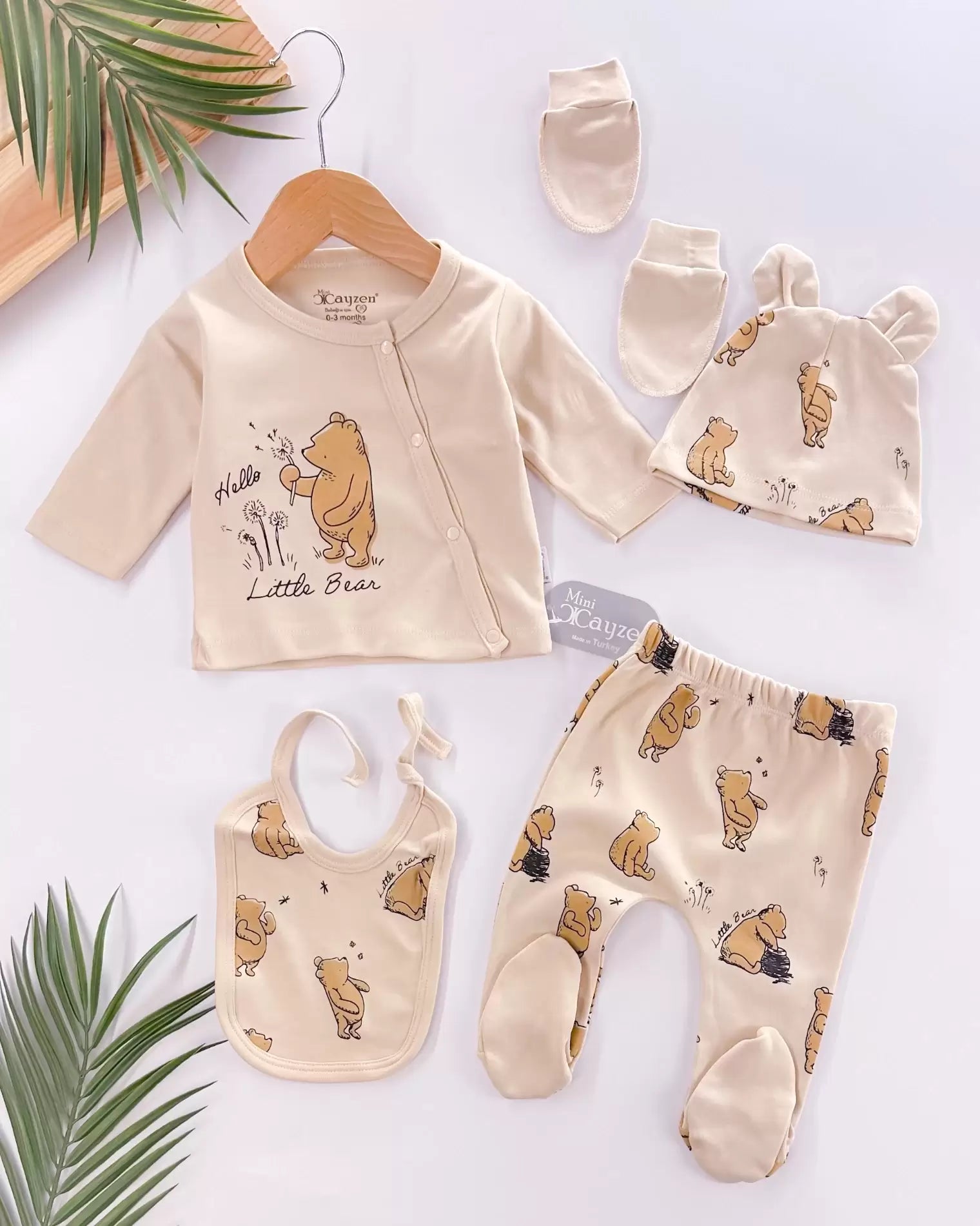 HELLO LİTTLE BEAR BASKILI 5 PARÇA %100 PAMUK ERKEK BEBEK HASTANE ÇIKIŞI