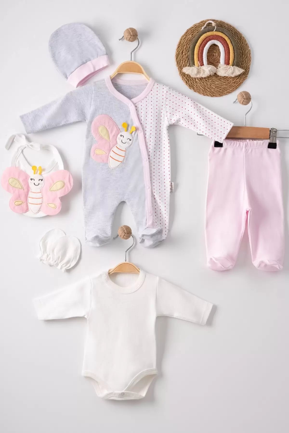 KELEBEK NAKIŞLI TULUMLU % 100 PAMUK KIZ BEBEK 5'Lİ SET