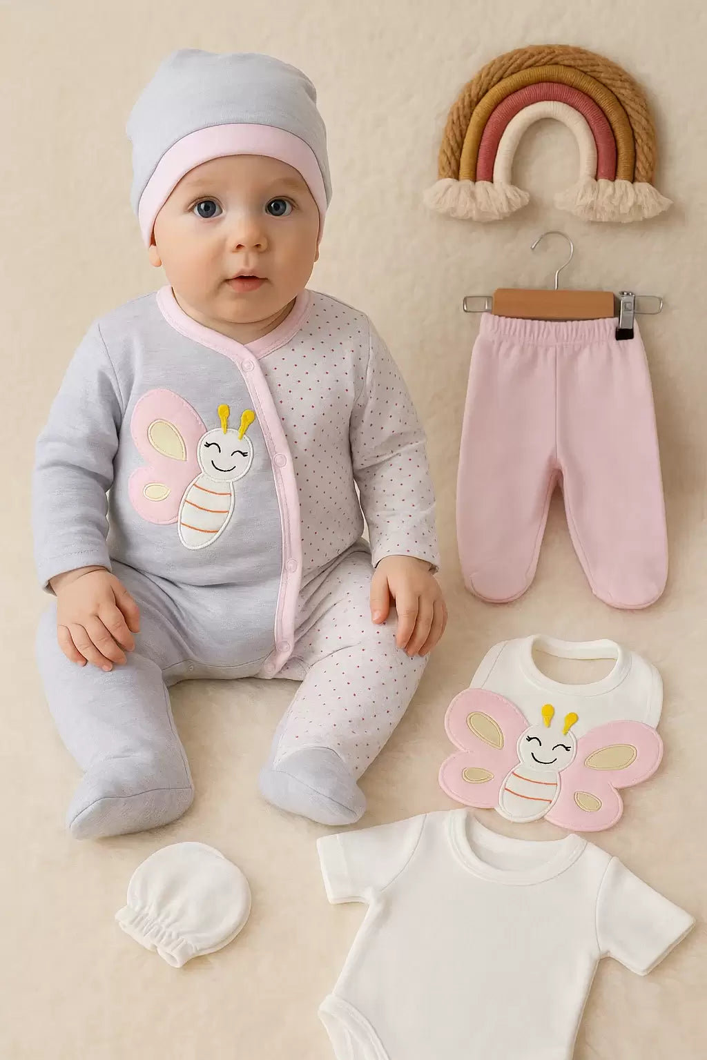KELEBEK NAKIŞLI TULUMLU % 100 PAMUK KIZ BEBEK 5'Lİ SET