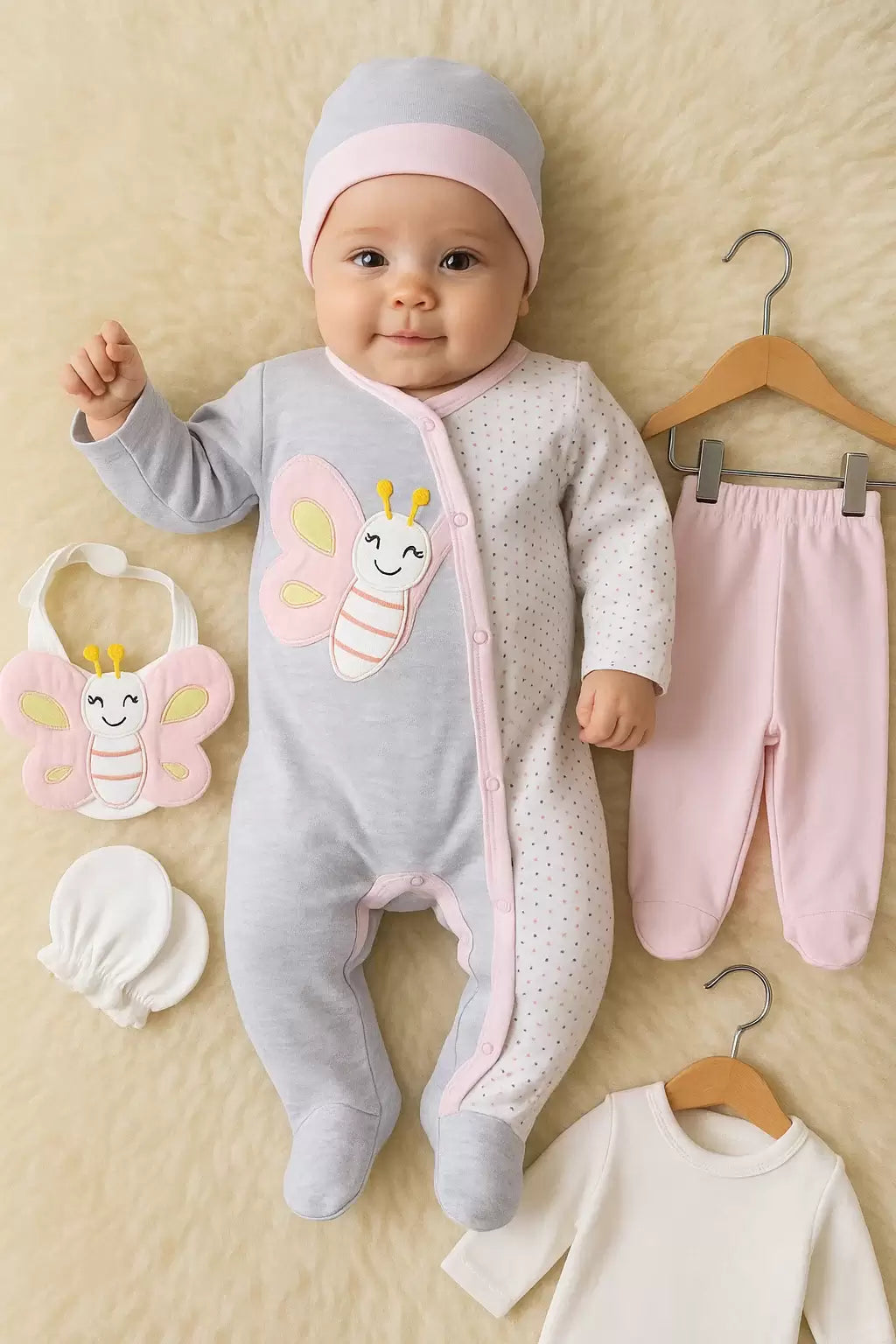 KELEBEK NAKIŞLI TULUMLU % 100 PAMUK KIZ BEBEK 5'Lİ SET