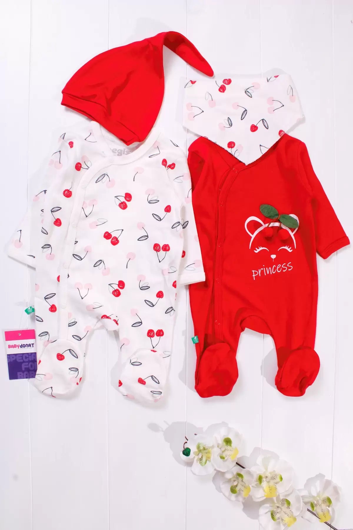 KİRAZ AKSESUARLI KIZ BEBEK 4'LÜ TULUM SETİ