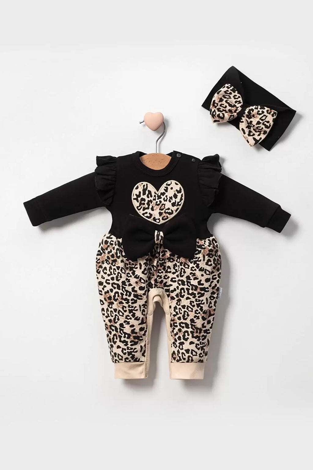 LEOPAR DESENLİ FİYONKLU % 100 PAMUK KIZ BEBEK TULUM