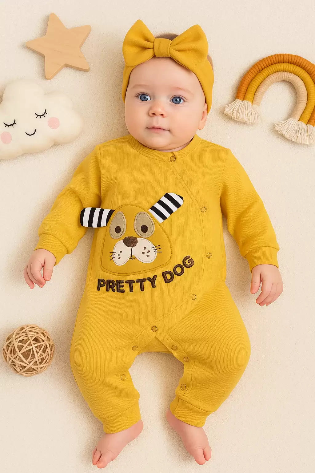 PRETTY DOG NAKIŞLI BANDANALI % 100 PAMUK KIZ BEBEK TULUMU