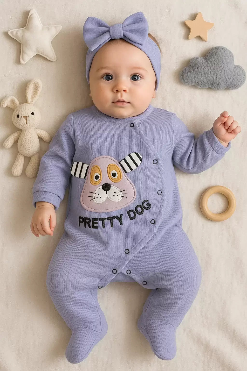 PRETTY DOG NAKIŞLI BANDANALI % 100 PAMUK KIZ BEBEK TULUMU
