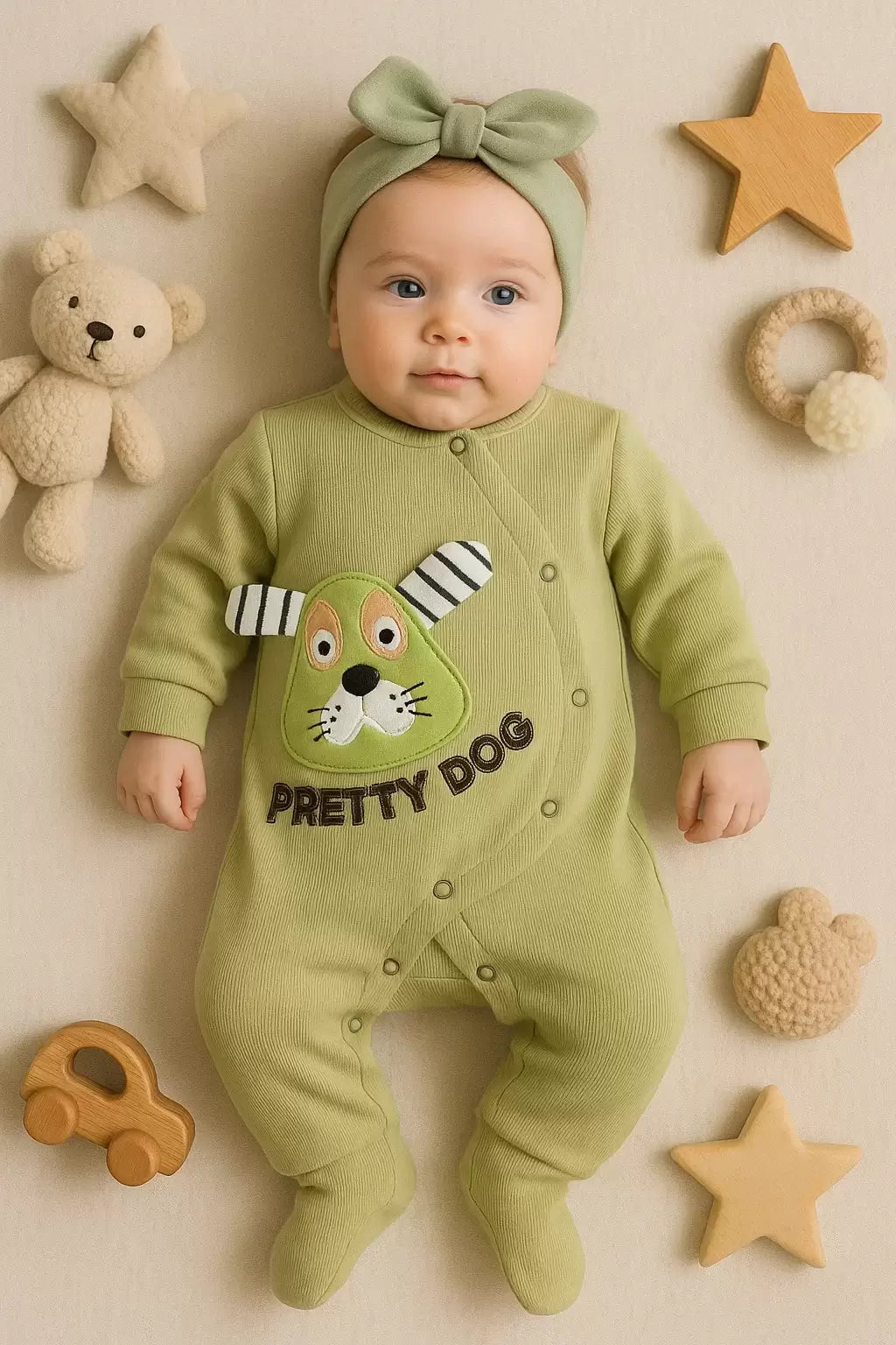 PRETTY DOG NAKIŞLI BANDANALI % 100 PAMUK KIZ BEBEK TULUMU