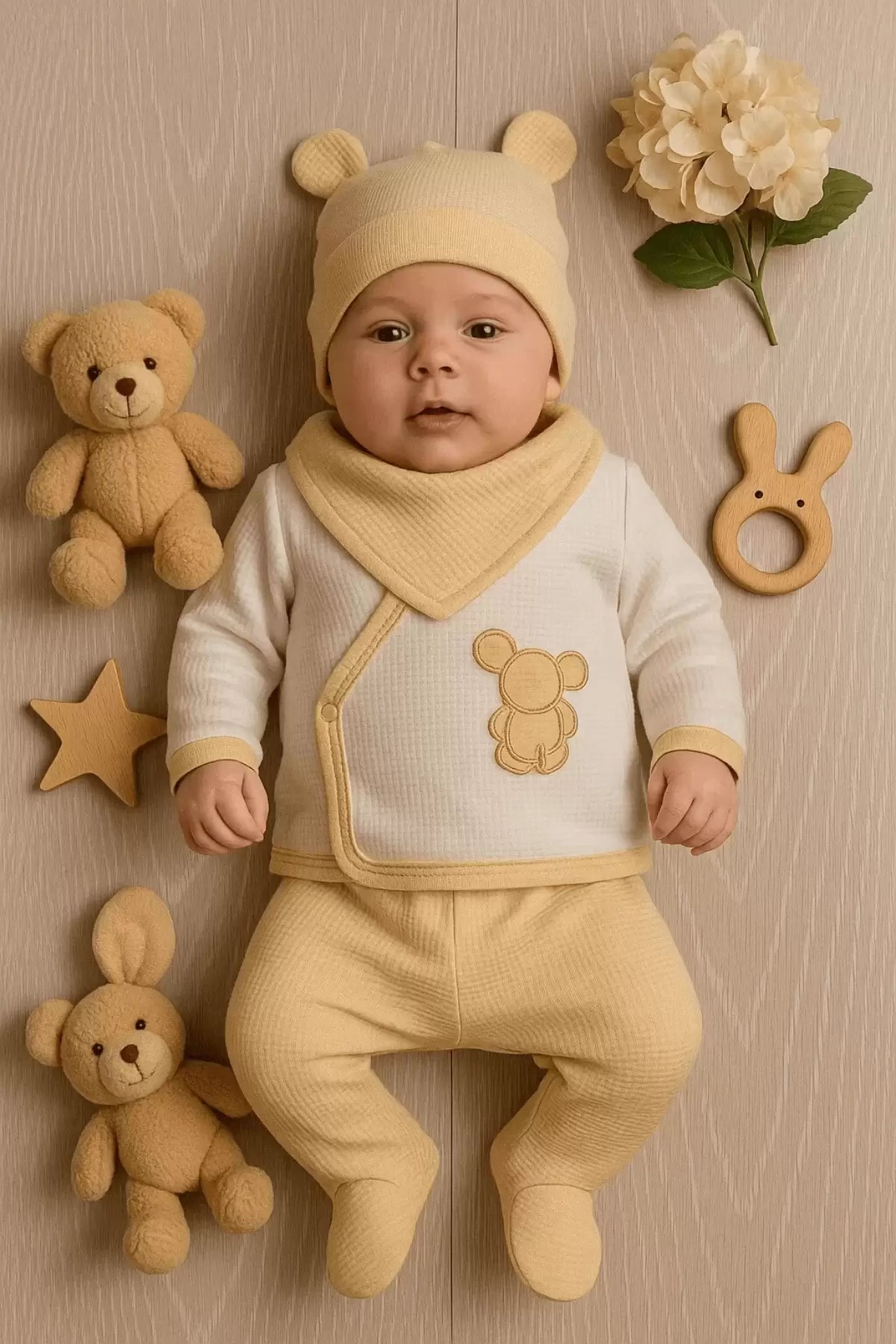 WAFFLE TAVŞANLI 5 PARÇA %100 PAMUK ERKEK BEBEK HASTANE ÇIKIŞI